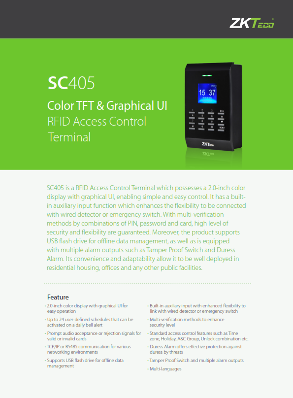 โบว์ชัวร์เครื่องทาบบัตร คีย์การ์ด ZK SC405 จอสี