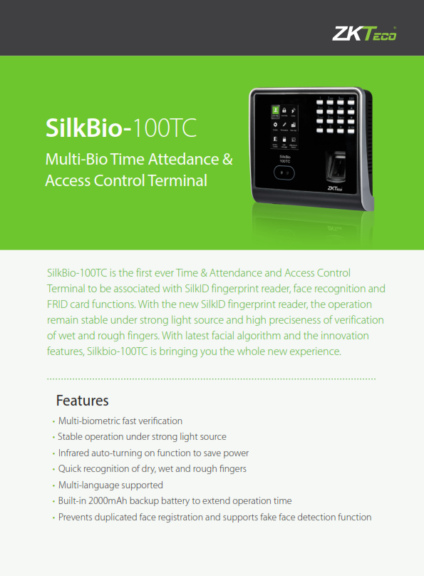 โบว์ชัวร์เครื่องสแกนลายนิ้วมือ ZKteco SilkBio-100TC_001